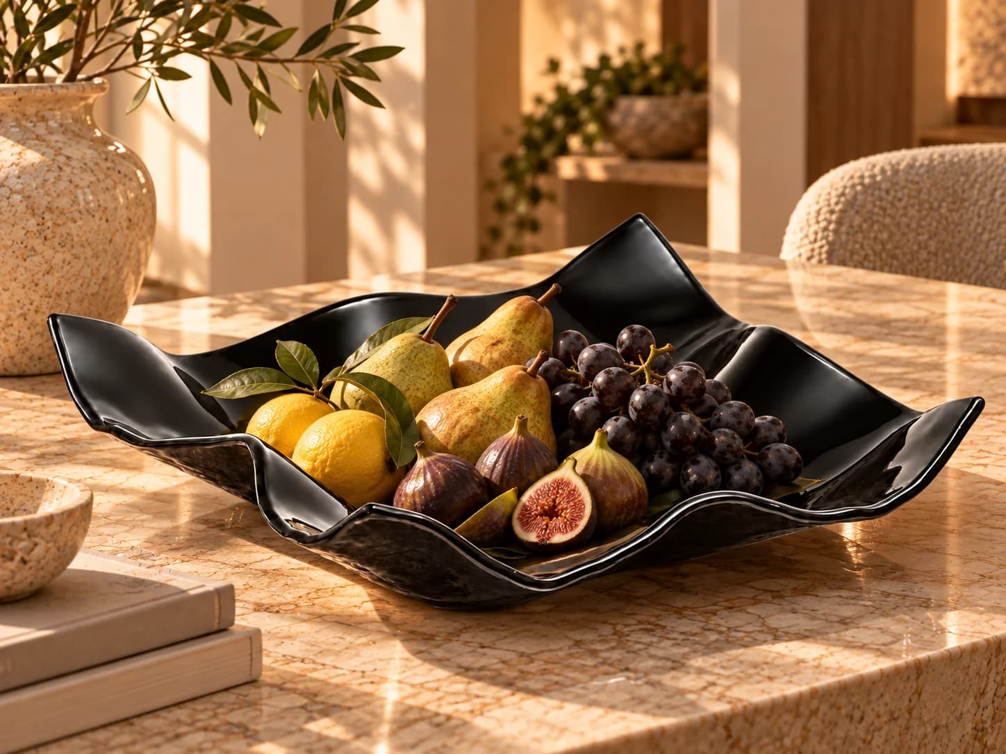 Centro de mesa em vidro preto com peras, uvas, figos e limões