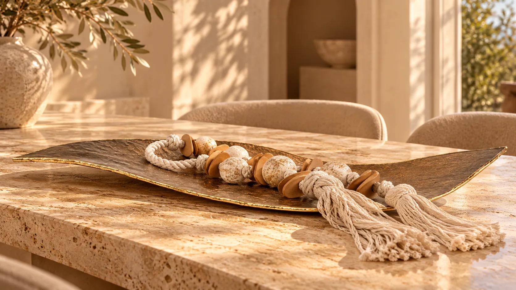 Travessa de vidro com borda dourada e colar sobre mesa de travertino